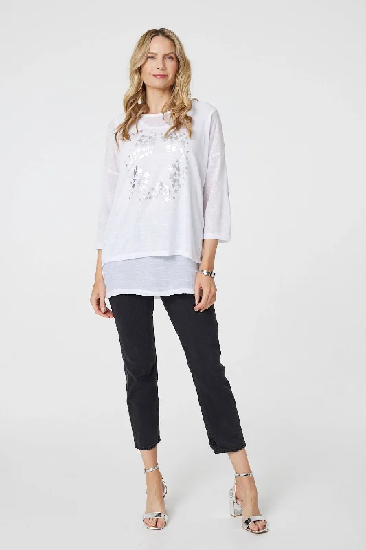 Women's All-day Top -Metallic Star Print Layered Tunic Top
