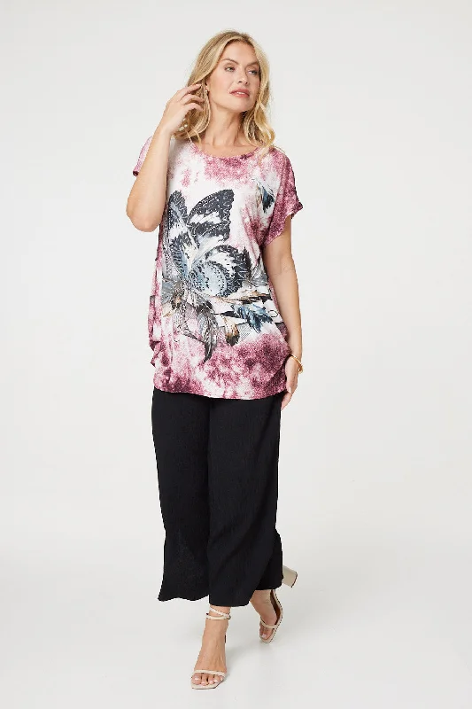 Women's Bohemian Blouse -Embellished Butterfly Print Tunic Top