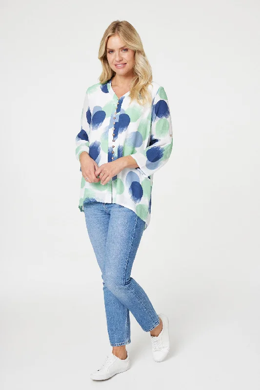 Women's Soft Top -Polka Dot Button Detail Blouse