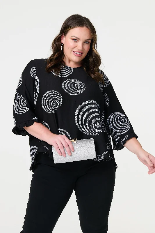 Women's Fitted Top -Abstract Print Frill Hem Tunic Top