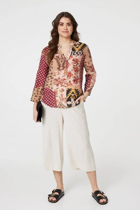 Women's Slim Fit Top -Patchwork Print Curve Hem Blouse