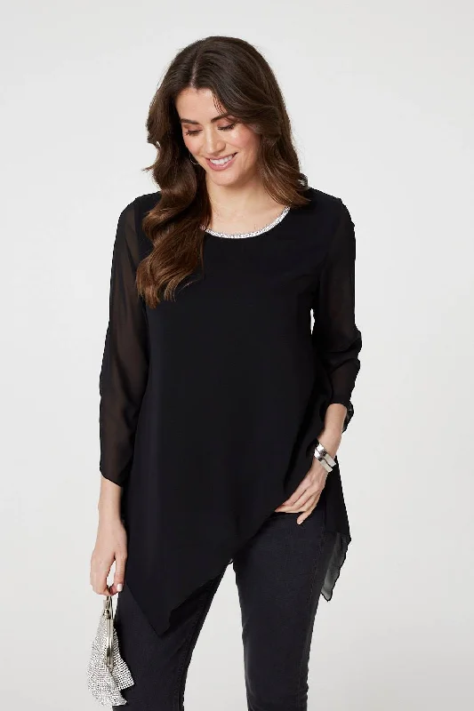 Women's Knitted Top -Contrast Stitch Semi Sheer Hanky Hem Top