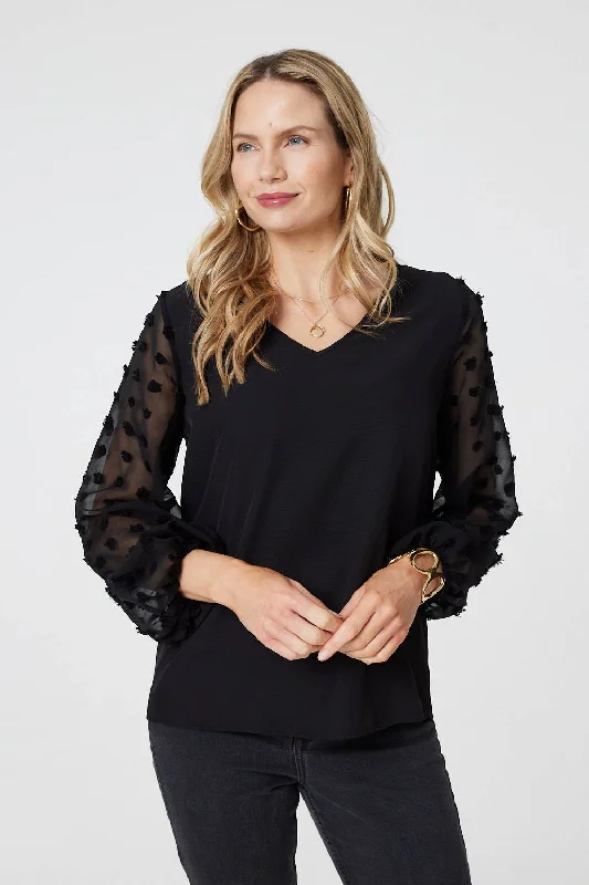 Women's Fashion Top -Polka Dot Semi Sheer V-Neck Blouse