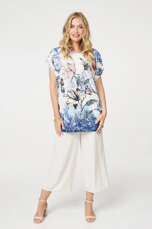 Women's Effortless Top -Embellished Floral Tunic Top
