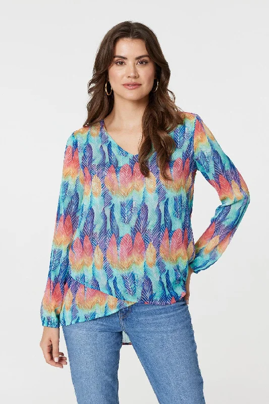 Women's Streetwear Long Sleeve T-shirt -Leaf Print Long Sleeve Layered Hem Top