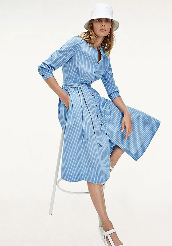 Midi-length Denim Shirt Dress-Tommy Hilfiger Pinstripe Shirt Dress, Blue & White