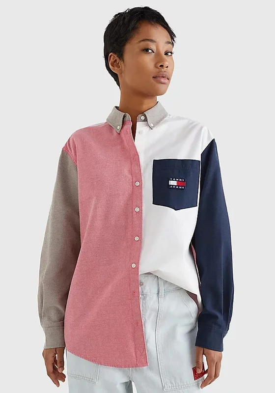 Printed Shirt Dress for Women-Tommy Jeans Womens Archive Colour Block Shirt Dress, Navy Multi Printed Shirt Dress for Women-Tommy Jeans Womens Archive Colour Block Shirt Dress, Navy Multi