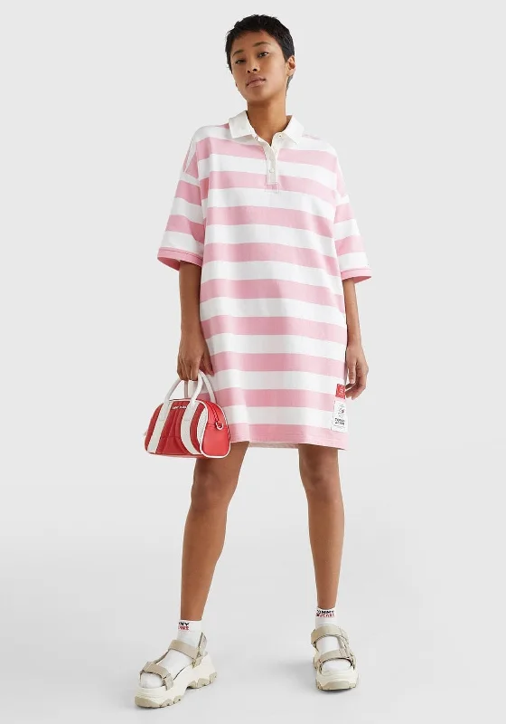 Day-to-night Shirt Dress-Tommy Jeans Womens Rugby Polo Shirt Dress, Pink & White
