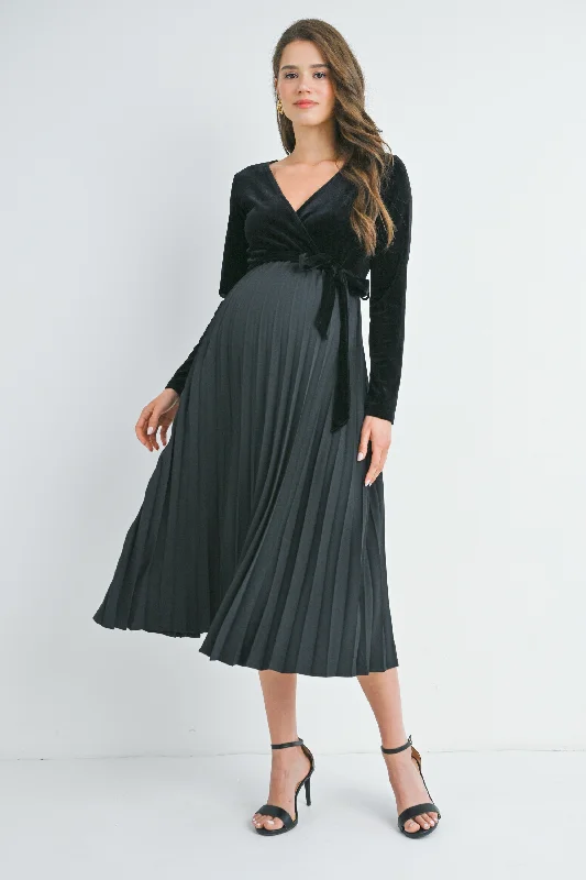 Maternity Dresses for Dinner Parties -V Neck Wrap Pleated Maternity Dress