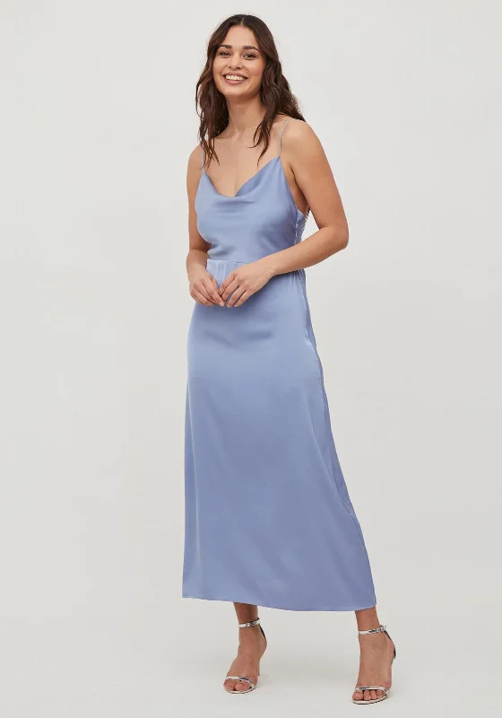 Slip Dress with Satin Finish -Summer Silk Slip Dress -Vila Deep Back Slip Maxi Dress, Blue