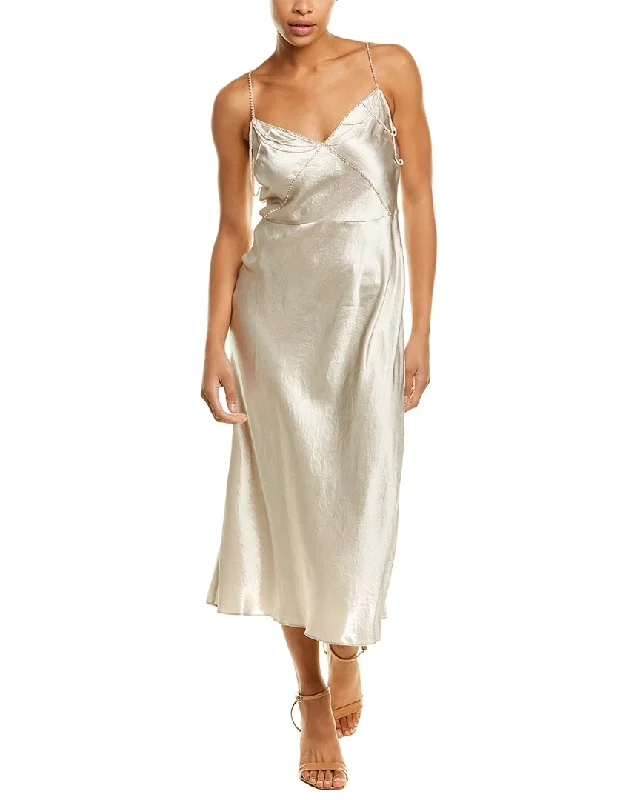 Floor-length Satin Slip Dress -Black Satin Slip Dress for Evening -Vince Draped Beads V-Neck Slip Dress