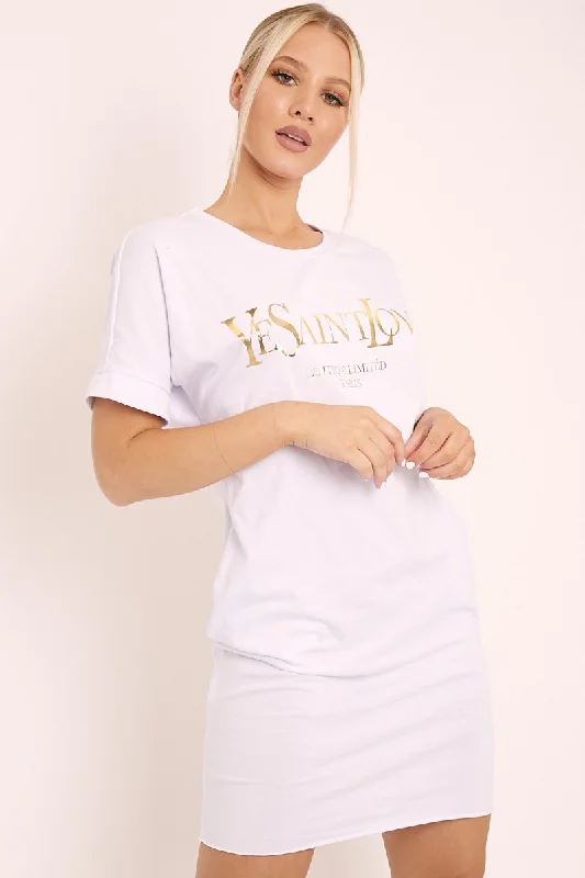 Sporty Shirt Dress-White and Gold Parisian Slogan T-shirt Dress - Claire