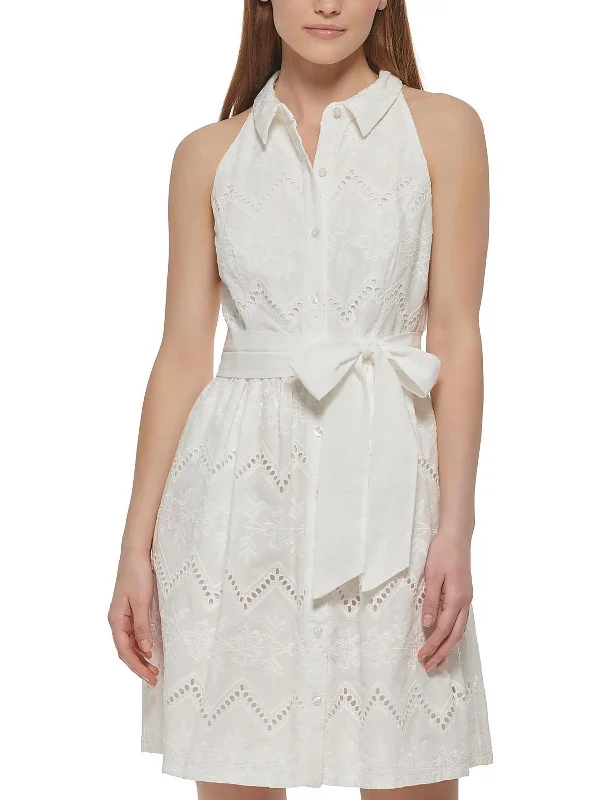 Summer Ready Shirt Dress-Womens Embroidered Mini Shirtdress