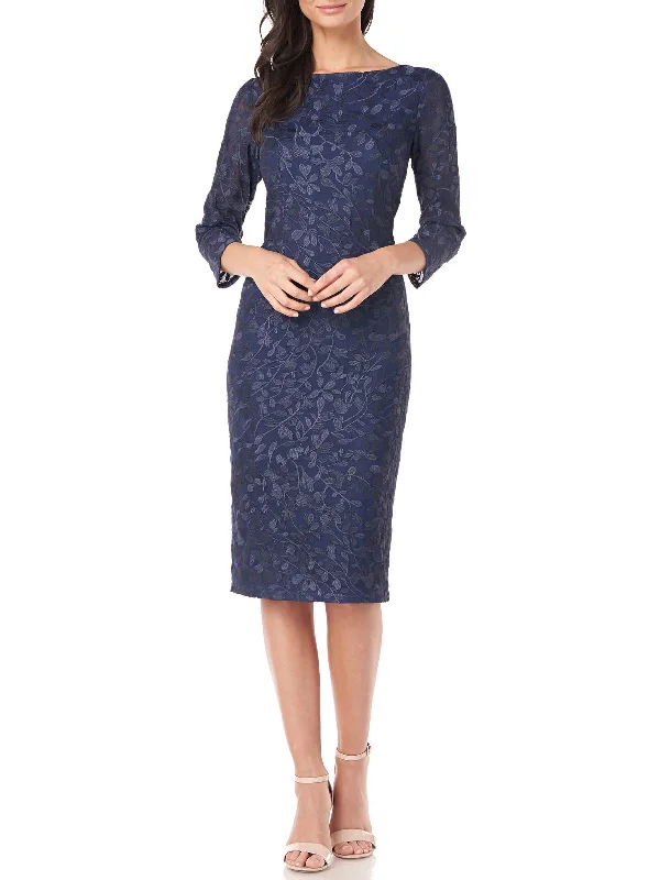 Metallic Party Dress for Night Out -Womens Embroidered Three Quarter Sleeves Cocktail and Party Dress Metallic Party Dress for Night Out -Womens Embroidered Three Quarter Sleeves Cocktail and Party Dress