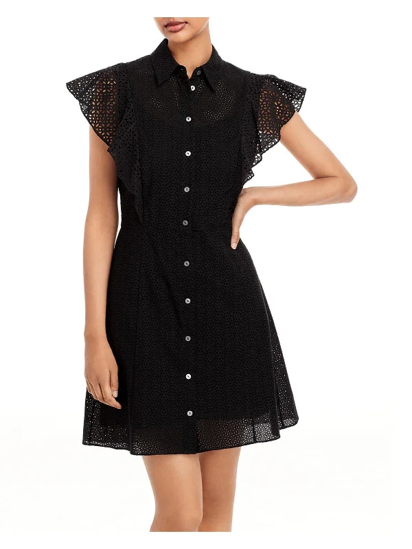 Silk Summer Shirt Dress-Womens Eyelet Flutter Sleeves Shirtdress