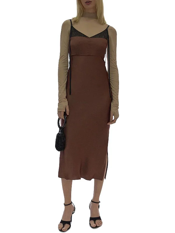 Slip Dress with Velvet Finish -Long Satin Slip Dress -Womens Satin Mesh Trim Slip Dress