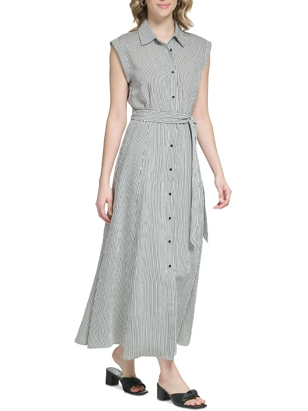 Comfortable Summer Shirt Dress-Womens Striped Sleeveless Shirtdress