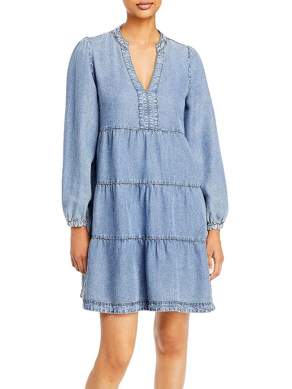 Doll Dress with Feather Trim Bodice -Womens Tencel V-Neck Babydoll Dress