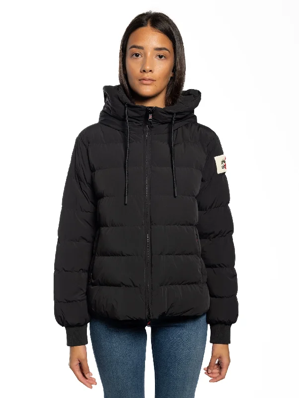 Women's Long Sleeve Down Coat-Piumino a Trapezio Opaco con Cappuccio Nero