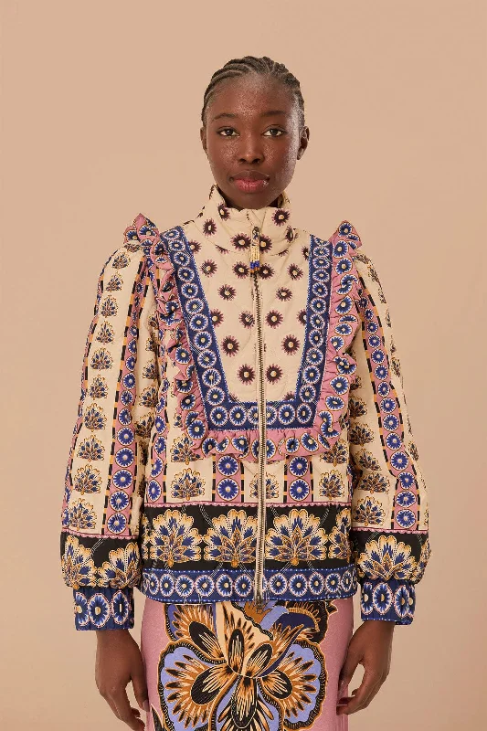 Women's Down Coat for Winter-Cream Ainika Maxi Floral Puffer Jacket