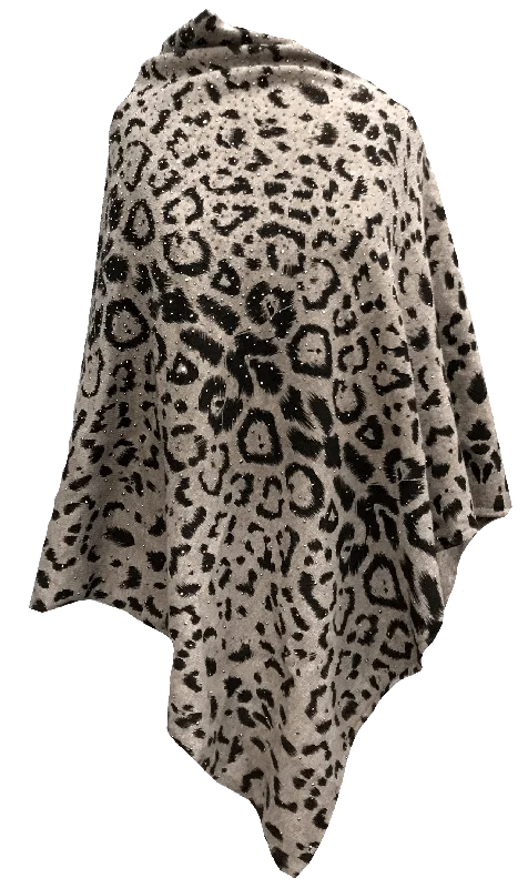 Women's Classic Woolen Cloak-Animal Print Poncho with Embellishments and Fur Trim- Leopard Women's Classic Woolen Cloak-Animal Print Poncho with Embellishments and Fur Trim- Leopard