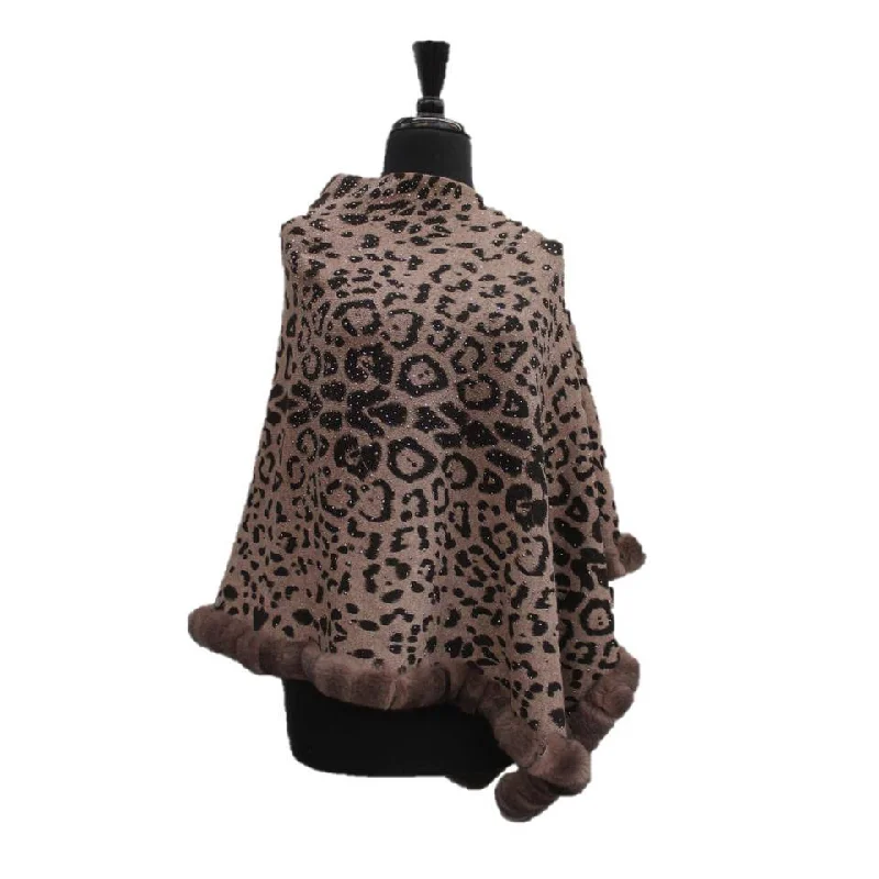 Women's Cloak with Tailored Fit-Animal Print Poncho with Embellishments and Fur Trim- Leopard