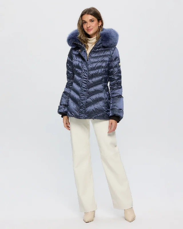 Women's Elegant and Warm Down Coat-Après-Ski Jacket with Detachable Toscana Shearling Lamb Hood Trim Women's Elegant and Warm Down Coat-Après-Ski Jacket with Detachable Toscana Shearling Lamb Hood Trim