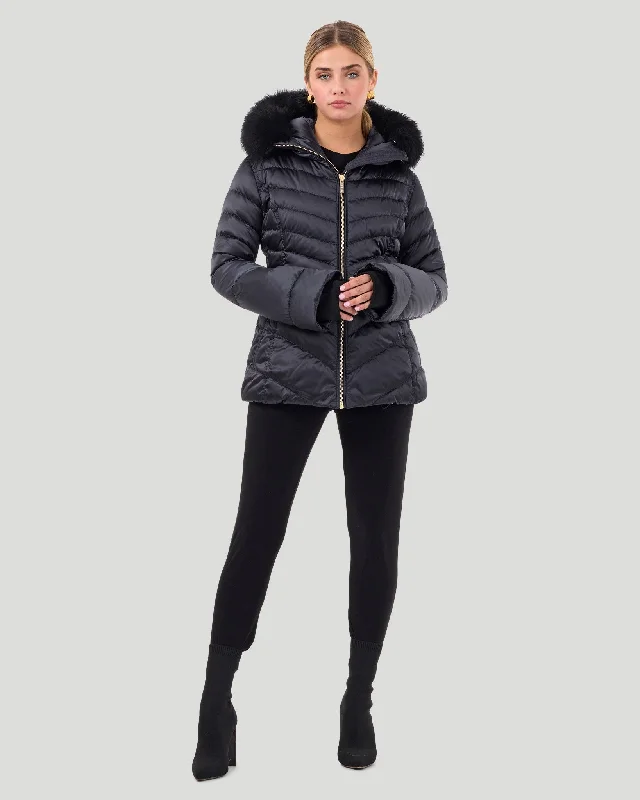 Women's Down Coat with High Collar-Après-Ski Jacket with Detachable Toscana Shearling Lamb Hood Trim Women's Down Coat with High Collar-Après-Ski Jacket with Detachable Toscana Shearling Lamb Hood Trim