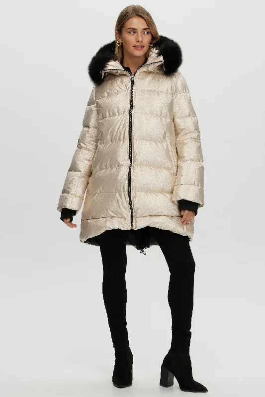 Women's Trendy Down Coat with Hood-Après-Ski Jacket with Detachable Toscana Shearling Lamb Hood Trim Women's Trendy Down Coat with Hood-Après-Ski Jacket with Detachable Toscana Shearling Lamb Hood Trim