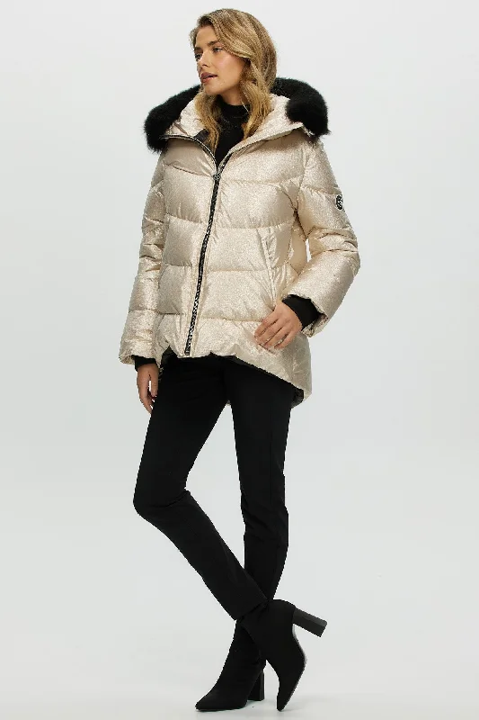 Women's Down Coat for Work and Office-Après-Ski Jacket with Detachable Toscana Shearling Lamb Hood Trim Women's Down Coat for Work and Office-Après-Ski Jacket with Detachable Toscana Shearling Lamb Hood Trim