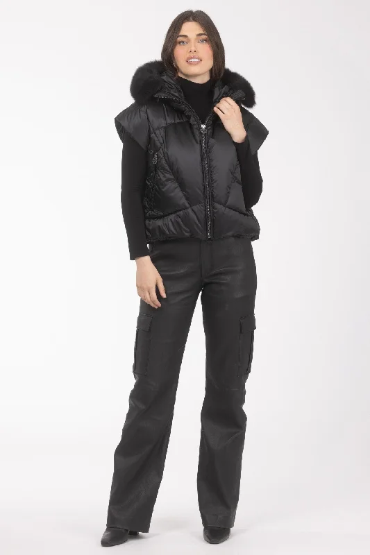 Warm Down Coat for Women-Après-Ski Vest with Detachable Toscana Shearling Lamb Hood Trim Warm Down Coat for Women-Après-Ski Vest with Detachable Toscana Shearling Lamb Hood Trim