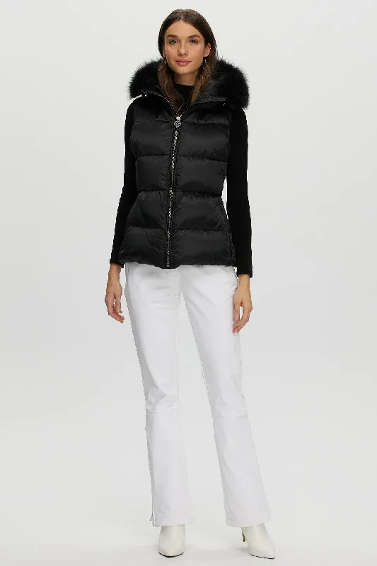 Women's Down Coat with Hood-Après-Ski Vest with Detachable Toscana Shearling Lamb Hood Trim Women's Down Coat with Hood-Après-Ski Vest with Detachable Toscana Shearling Lamb Hood Trim