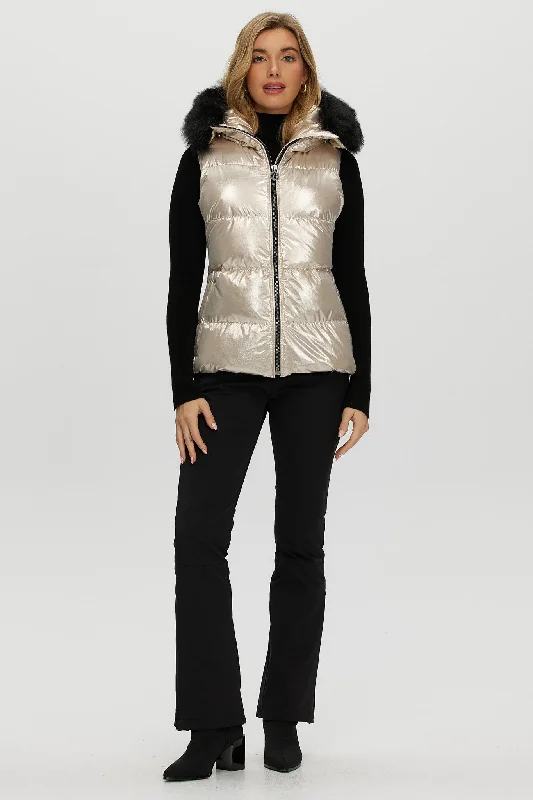 Women's Trendy Down Coat-Après-Ski Vest with Detachable Toscana Shearling Lamb Hood Trim Women's Trendy Down Coat-Après-Ski Vest with Detachable Toscana Shearling Lamb Hood Trim