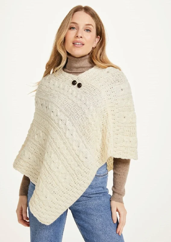 Women's Cloak with Elegant Flow-Aran Cable Knit Wool Poncho | Natural