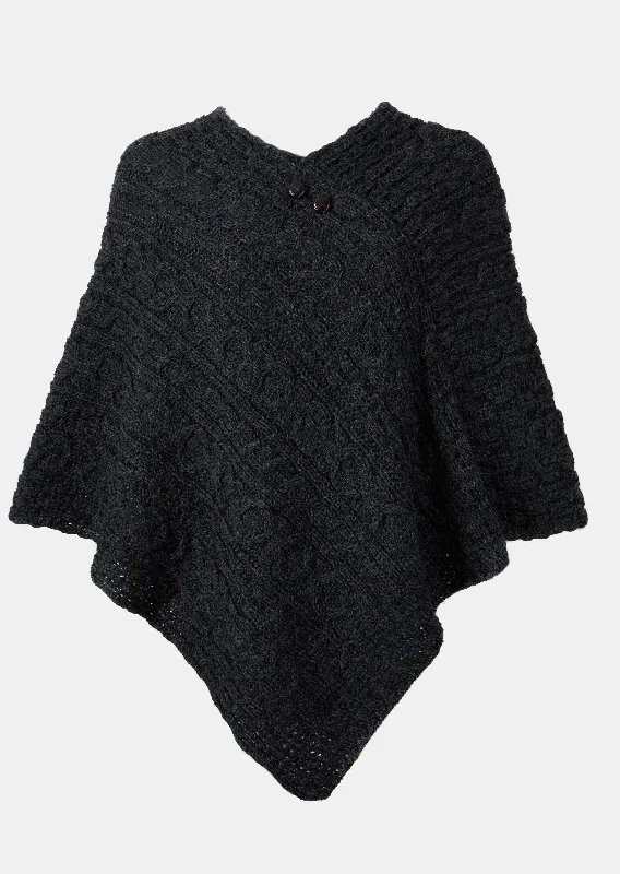 Women's Cloak for Elegant Occasions-Aran Cable Knit Wool Poncho | Charcoal