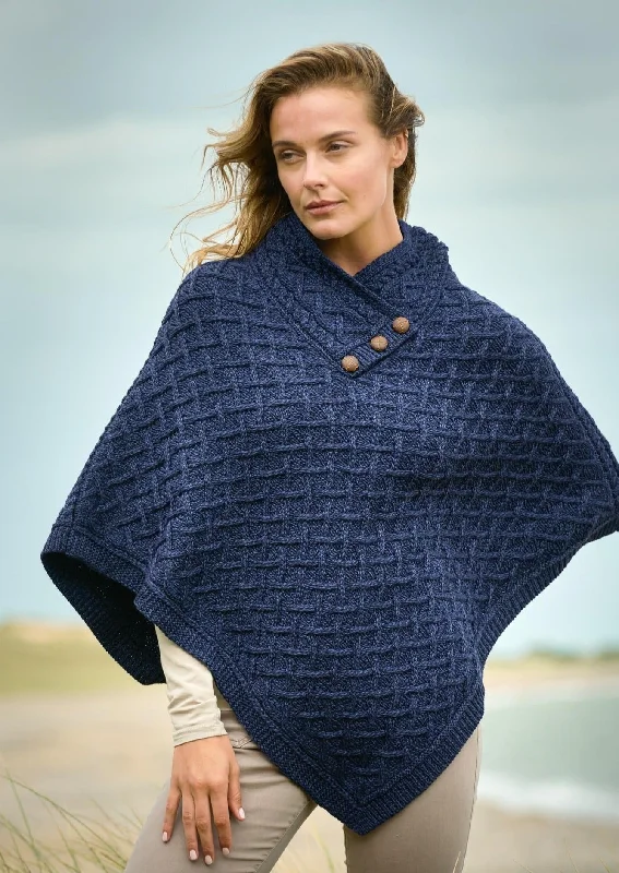 Women's Cloak with Cozy Knit-Aran Super Soft Merino Wool Poncho | Blue