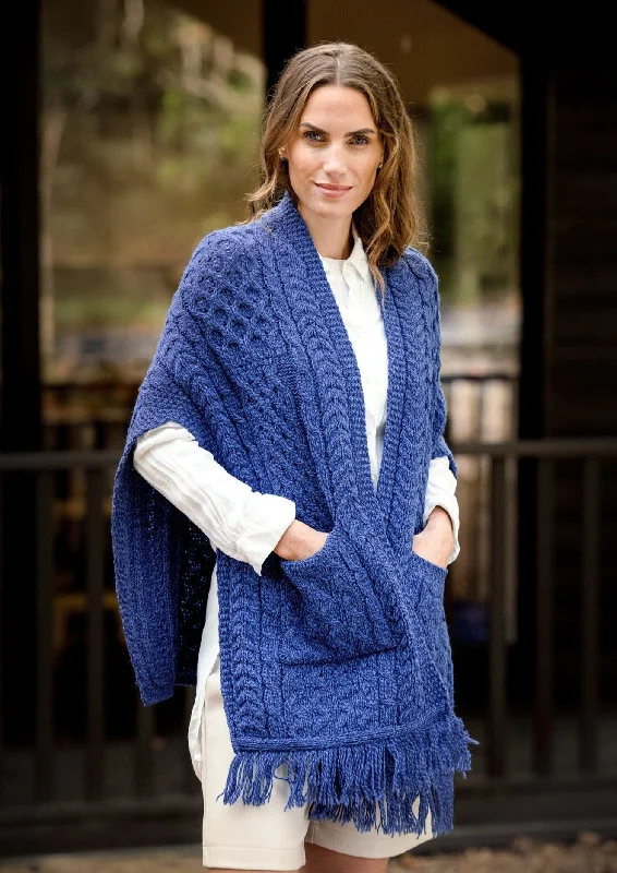 Women's Warm Cloak with Pockets-Aran Crafts Pocket Shawl | Blue