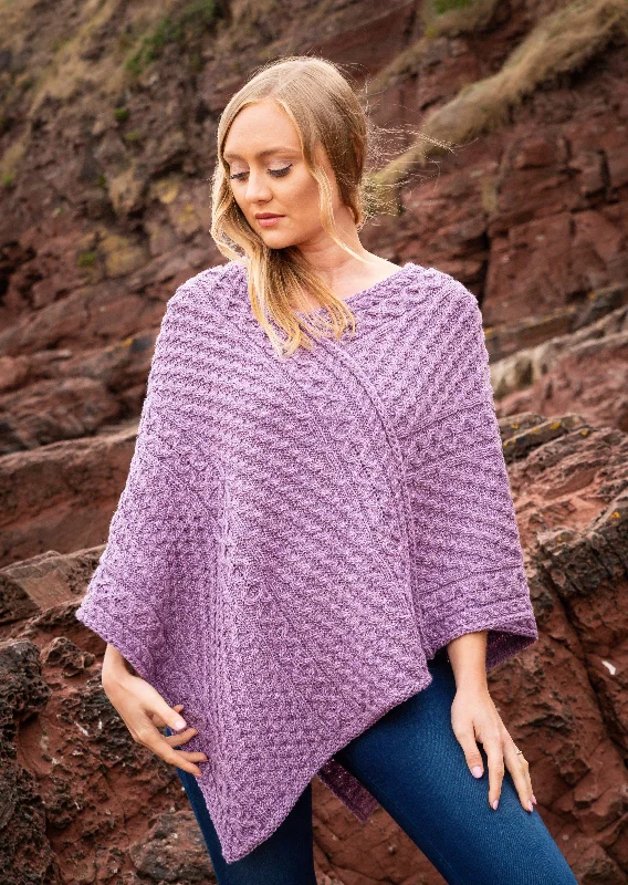 Women's Cloak with Pockets-Aran Merino Wool V Poncho | Lavender