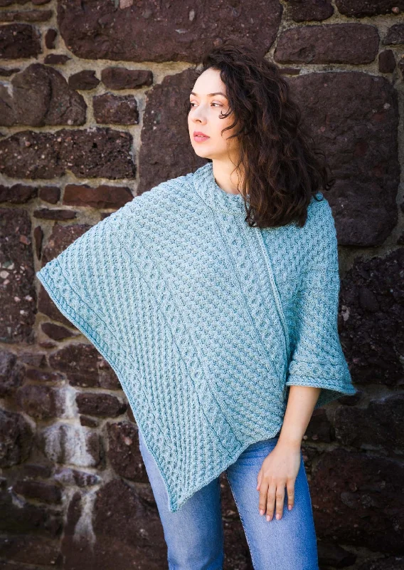 Women's Cloak with Classic Pattern-Aran Merino Wool Cowl Poncho | Aqua