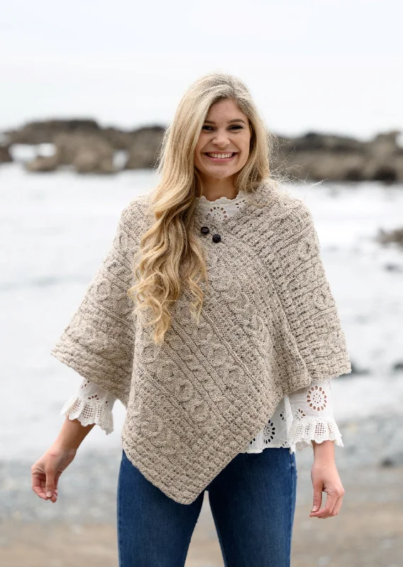 Women's Cloak with Embellishments-Aran Cable Knit Poncho | Oatmeal