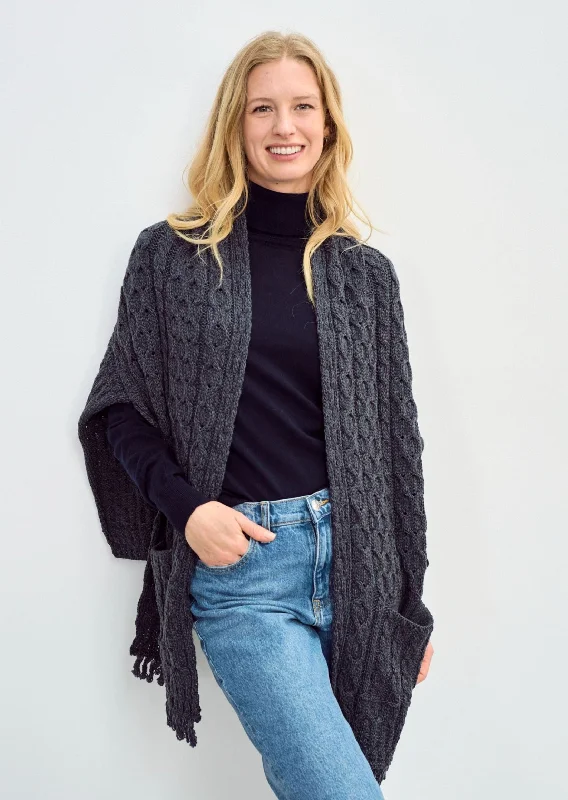 Women's Hooded Cloak with Lace Trim-Aran Pocket Shawl | Charcoal