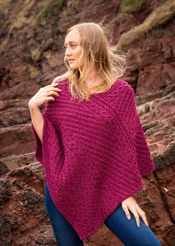 Women's Cloak with Velvety Finish-Aran Merino Wool V Poncho | Raspberry