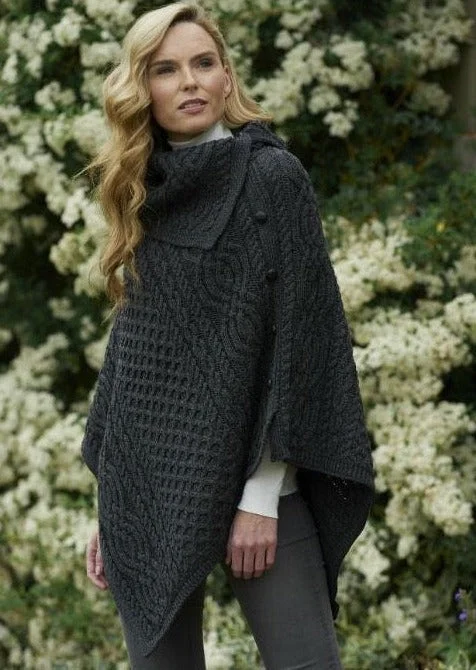 Women's Cloak for Evening Glam-Aran Tipperary Cowl Neck Poncho | Charcoal