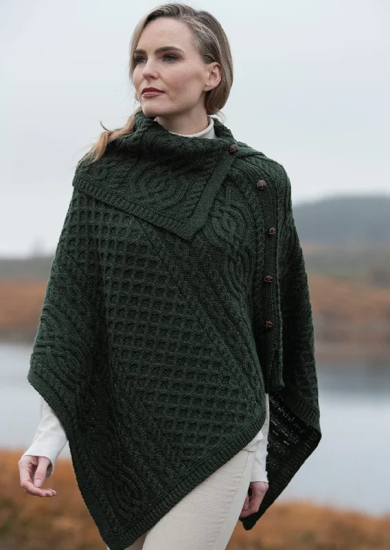 Stylish Women's Hooded Cloak-Aran Tipperary Cowl Neck Poncho | Green
