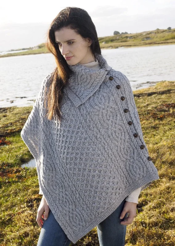 Women's Hooded Winter Cloak-Aran Tipperary Cowl Neck Poncho | Grey