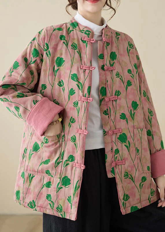 Women's Down Coat for Ski Resorts-Art Pink Stand Collar Print Pockets Cotton Filled Parka Winter Women's Down Coat for Ski Resorts-Art Pink Stand Collar Print Pockets Cotton Filled Parka Winter