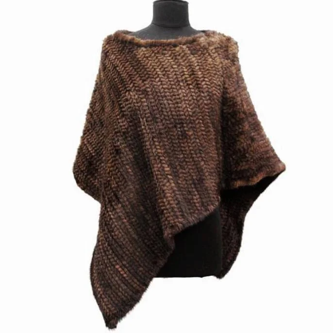 Women's Casual Hooded Cloak-Asymmetrical Knitted Mink Poncho - Brown