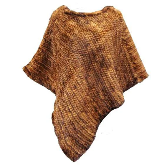 Women's Short Wool Cloak-Asymmetrical Knitted Mink Poncho - Whiskey