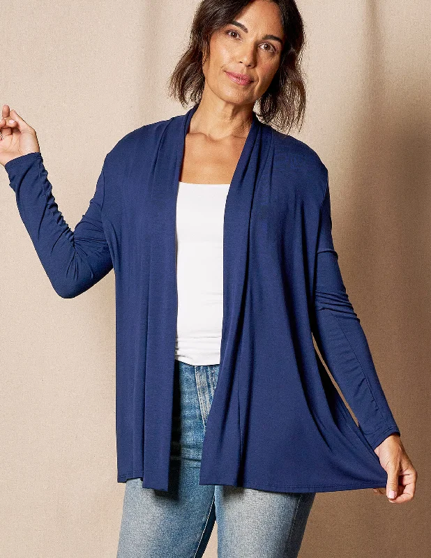 Kimono for Weekend Escapes-Bamboo Banded Front Cardigan - Navy