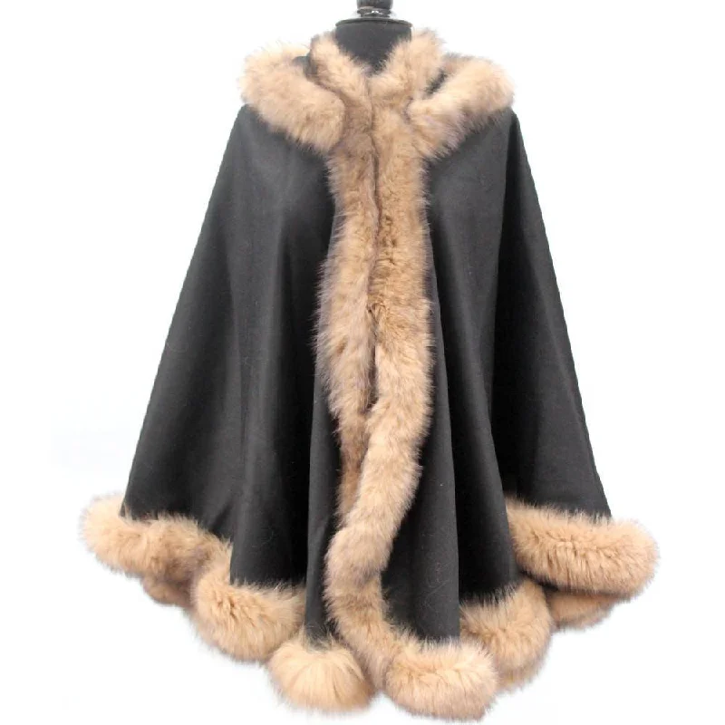 Women's Soft Faux Wool Cloak-Black/Camel Solid Cape with Tonal Fox Fur Trim